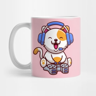 Cute Cat Gaming With Headphone And Console Mug